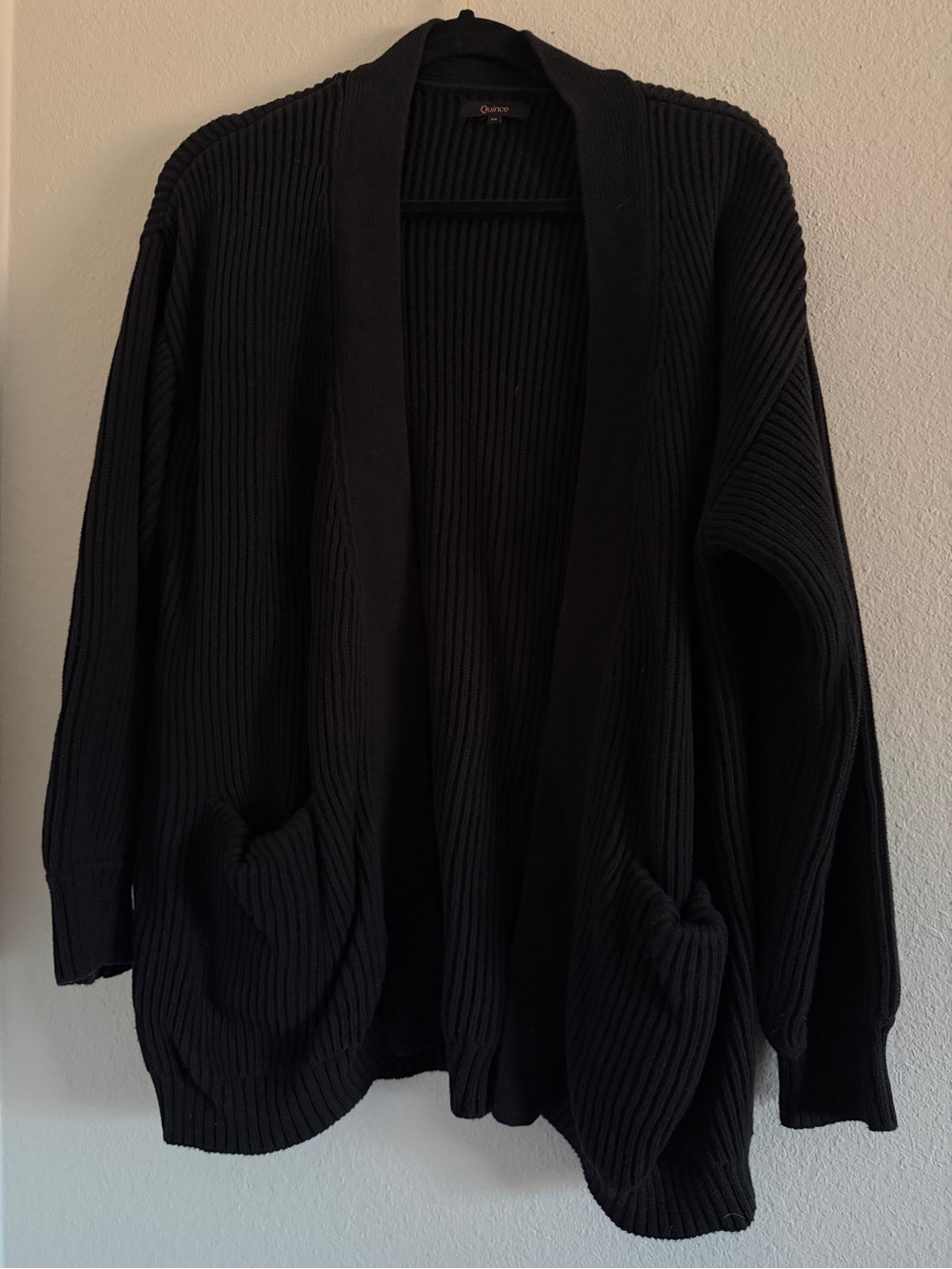 Quince Organic Cotton Rib-Knit Open Front Cardigan Sweater Pockets Black